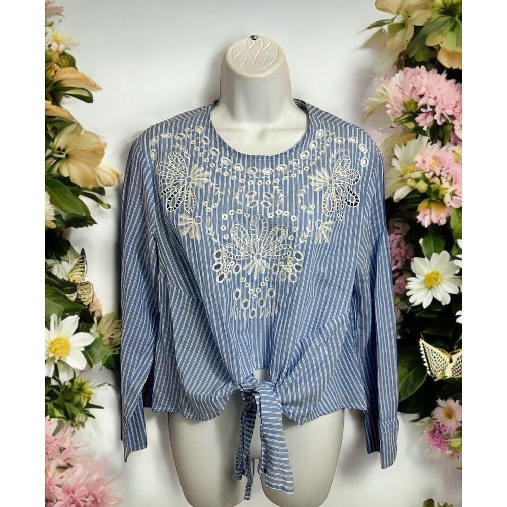 Liquorish Blue Striped Blouse Sz 10 M Embroidered Floral Eyelet Top Front Tie